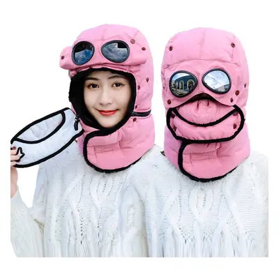 (Pink) Men Women Thermal Winter Trapper Hat Face Mask Earflap Warmer Outdoor Warm Windproof Skii