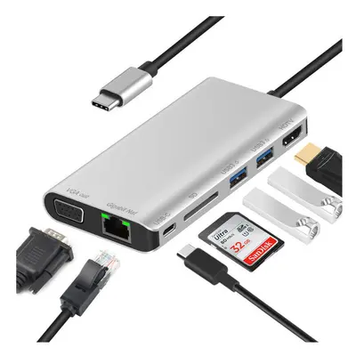 8 in Type-C USB Hub Laptop charging Docking Station with Type-c SD USB3.0*2 HDMI VGA 3.5MM Headp