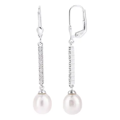 Jewelco London 9ct White Gold Round 16pts Diamond Oval Pearl 8x10mm Trickling Ice Moon Drop Earr