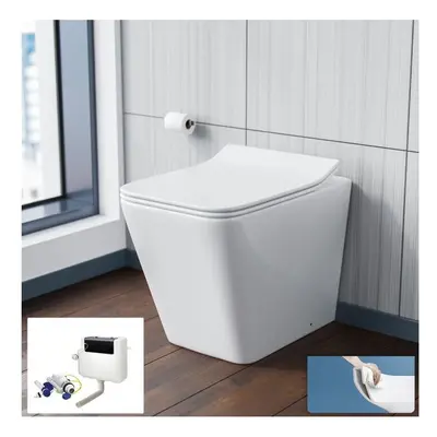 Inton Round Back to Wall Rimless Toilet Pan With Soft Close Seat + WRAS Approved Concealed Ciste