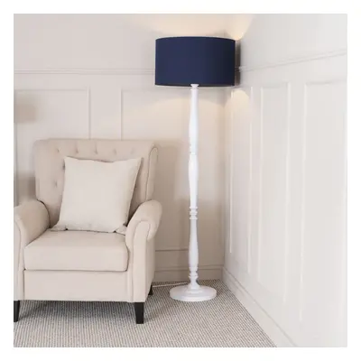 ValueLights Victoria Navy Blue Drum Shade White Wood Floor Lamp & Bulb