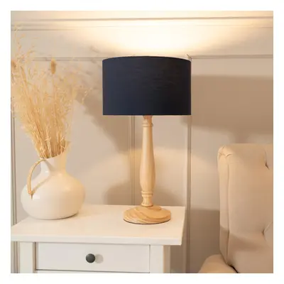 ValueLights Victoria Navy Blue Drum Shade with Light Wood Table Lamp