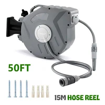 15m Garden Patio Hose Reel Wall Mounted Retractable Auto Rewind Pipe 180Â° Swivel