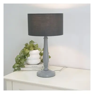 ValueLights Victoria Charcoal Drum Shade Grey Wood Stem Table Lamp