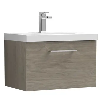 Wall Hung Drawer Vanity Unit with Mid-Edge Ceramic Basin, 600mm - Woodgrain Solace Oak