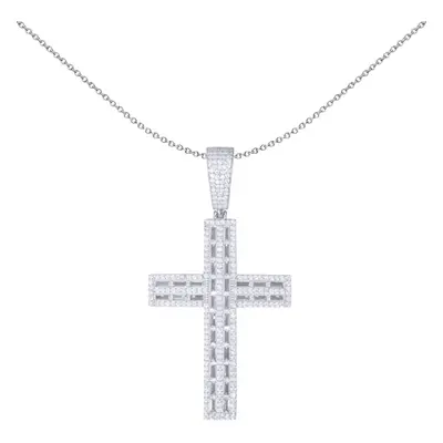 Jewelco London Rhodium Silver White Baguette CZ Crossroads Columns Encrusted Cross Pendant 1oz -