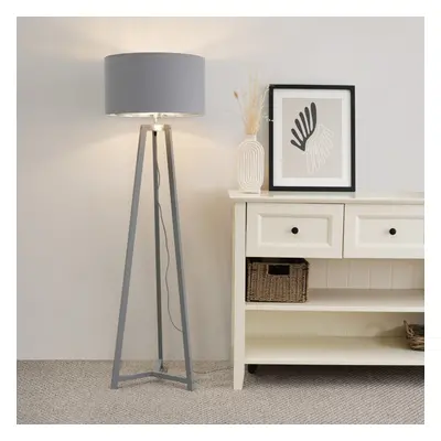 ValueLights Lottie Grey & Chrome Shade Grey Wood Tripod Floor Lamp