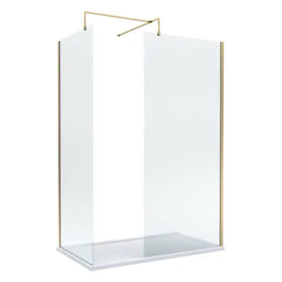 8mm Glass Walk In Wetroom Screens with Brushed Brass Profile and White Shower Tray - x 700mm