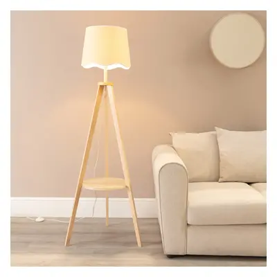 ValueLights Morrigan Scallop White Trim Shade Wooden Tripod Floor Lamp