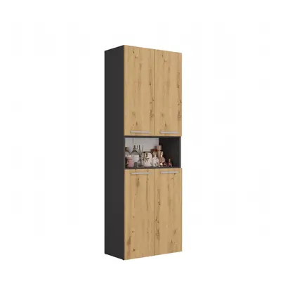 (Grey & Oak) GLAZE - Bathroom cabinet with line basket - Modern style - 174x60x30 cm - Bathroom 