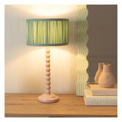 ValueLights Bobbins Ruched Green Drum Shade Painted Rose Table Lamp