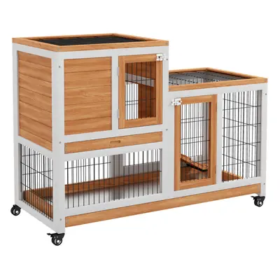 PawHut Wooden Indoor Rabbit Hutch Elevated Bunny Cage w/ Enclosed Run Wheel