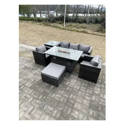 Fimous PE Rattan Garden Furniture Gas Fire Pit Dining Table Armchairs