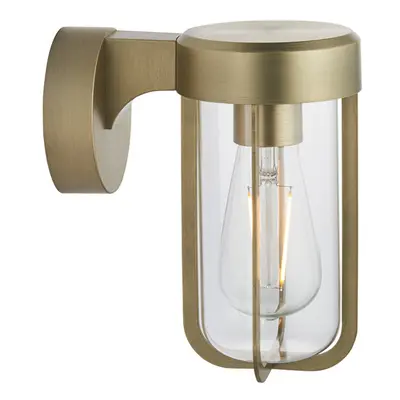 Brushed Gold Outdoor Wall Light with Clear Glass Shade - IP44 Rated - LED Bulb