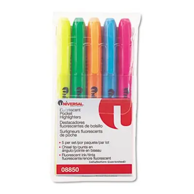 Universal Pocket Highlighter- Chisel Tip- Fluorescent Colors- 5/Set