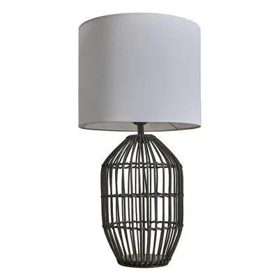 Contemporary Small Matt Black Rattan Cylinder Table Lamp with a White Cylinder Shade - Complete 