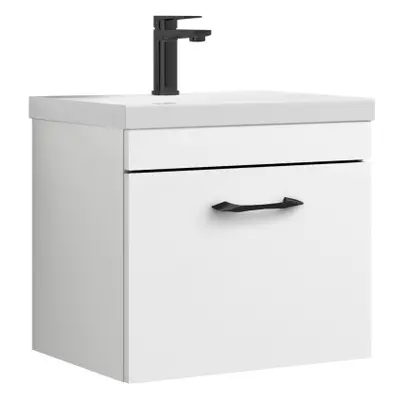 Rio Drawer Wall Hung Vanity Basin Unit - 500mm - Gloss White with Black D Handle (Tap Not Includ