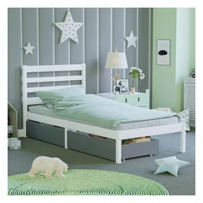 (Grey) Libra Kids Single Bed Under Bed Storage Drawers Wooden Solid Pine Child Bedroom