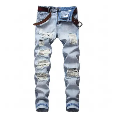 Mens Big Ripped Jeans Straight Slim-Fit Light-Colored Denim Trousers