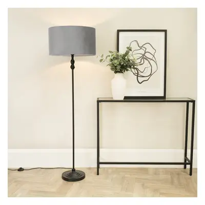 ValueLights Maggie Grey Velvet Shade Black Floor Lamp & LED Bulb