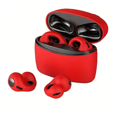 (Red) Wireless Open Ear Headphones Clip On BT Earbuds For Android/iPhone With Charging Case - En