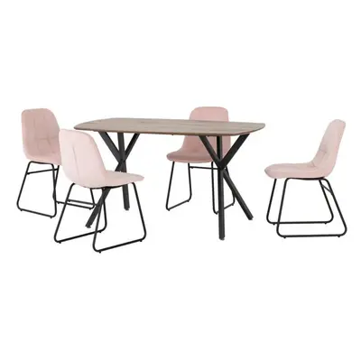 (Baby Pink Velvet) Athens Medium Oak Effect/Black Rectangular Dining Set with Lukas Chairs - Tab