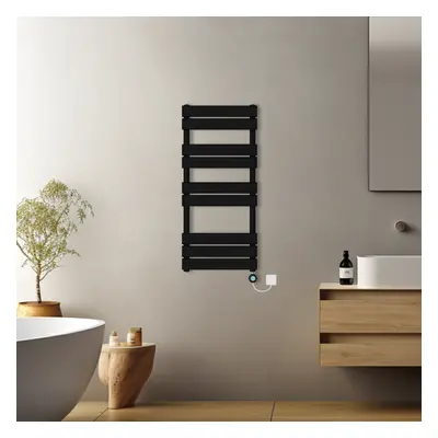 (Black, 1000x450mm) Prefilled Electric Flat Panel Heated Towel Rail Radiator Thermostatic WIFI