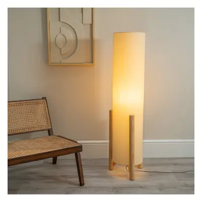 ValueLights Henry Wood Base Midi Floor Lamp with Natural Shade & Bulb