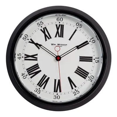 Wm. Widdop Round Metal Case Wall Clock Black & Chrome Roman Dial 30cm