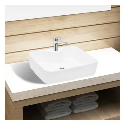 vidaXL Ceramic Bathroom Sink Basin with Faucet Hole White Square Counter Top