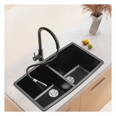 Quartz Equal Double Bowl Undermount Kitchen Sink Black