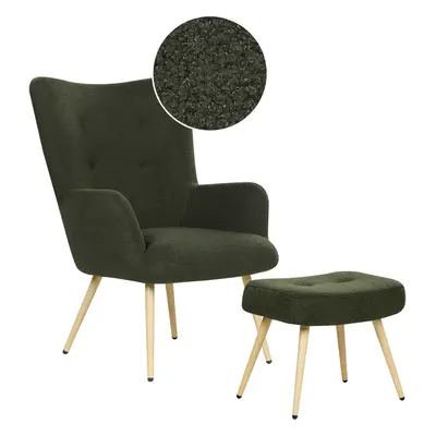 Wingback Chair VEJLE with Footstool Boucle Dark Green