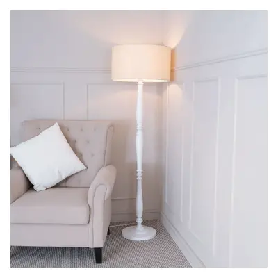 ValueLights Victoria Natural Drum Shade White Wood Stem Floor Lamp