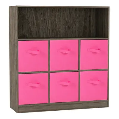 (Anthracite Oak, Dark Pink) Wooden Cubed Bookcase Units Shelves Drawers