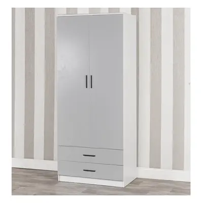 (White Carcass & Grey Drawers) Tall Wooden Door Wardrobe +2 Drawers Hanging Bar