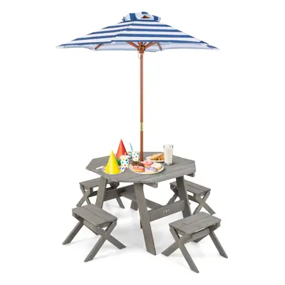 Wooden Octagon Table Set Kids Picnic Table & Chairs w /Umbrella