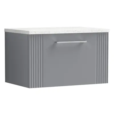 Retro Drawer Wall Hung Vanity Unit with Sparkling White Laminate Worktop - 600mm - Satin Grey - 