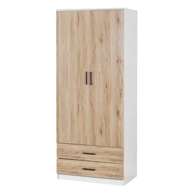 (White Carcass & Oak Drawers) Tall Wooden Door Wardrobe +2 Drawers Hanging Bar