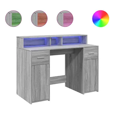 vidaXL Desk with LED Lights Writing Working Table Grey Sonoma Engineered Wood