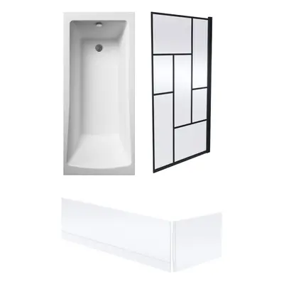 Square Single Ended Bath, Panels and Black Abstract Screen - x 700mm