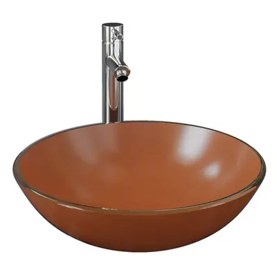 vidaXL Bathroom Sink with Tap and Push Drain Brown Tempered Glass Wash Basin