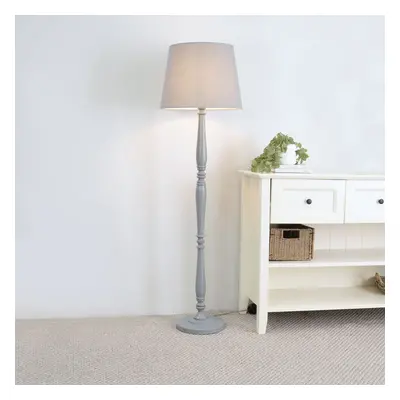 ValueLights Victoria Grey Tapered Shade Grey Wood Stem Floor Lamp