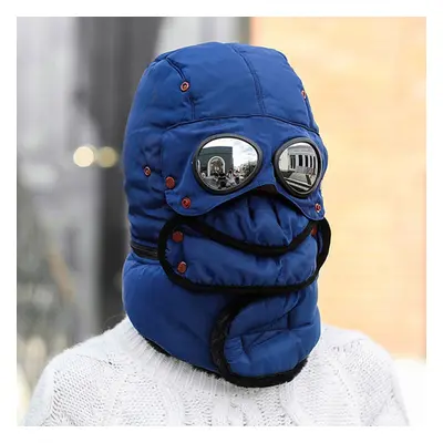 (Blue) Men Women Thermal Winter Trapper Hat Face Mask Earflap Warmer Outdoor Warm Windproof Skii