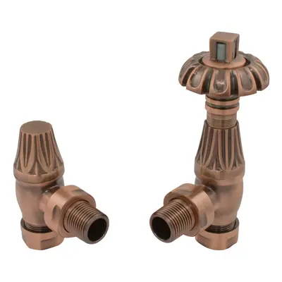 (Antique Copper) Traditional Thermostatic TRV Antique Design Angled Radiator Rad Valves Pair