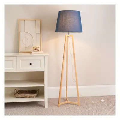 ValueLight Lottie Navy Blue Taper Shade Natural Wood Tripod Floor Lamp