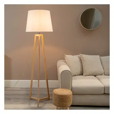 ValueLight Lottie White Tapered Natural Wood Tripod Floor Lamp & Bulb