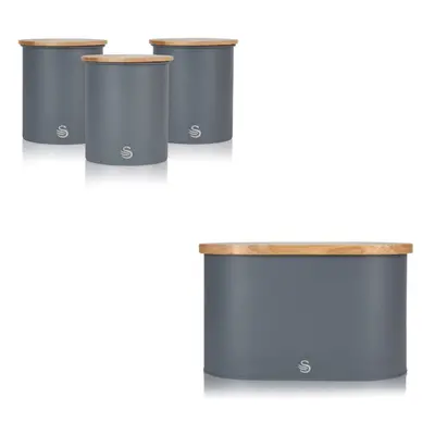 (Grey) Swan Nordic Bread Bin with Bamboo Chopping Board Lid & Set of Kitchen Storage Canisters f