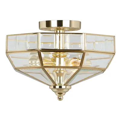 2 Bulb Semi Flush Light Highly Polished Brass Finish LED E27 60W Bulb