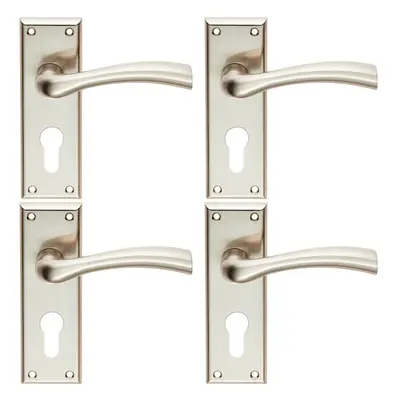 4x Chunky Curved Tapered Handle on Euro Lock Backplate x 50mm Satin Nickel