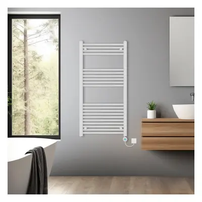 (White, 1200x600mm) Bathroom Prefilled Electric Heated Towel Rail Straight Radiator Thermo Smart